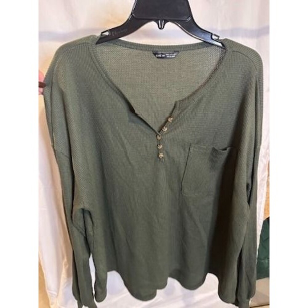SHEIN Waffle-Knit Henley Top – Olive Green, Size L